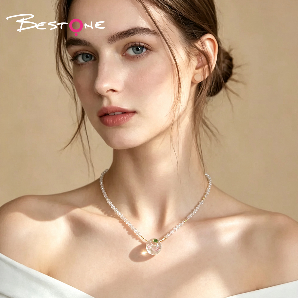 Faceted Natural Stone Hexagon Necklace with Rhinestone Detail