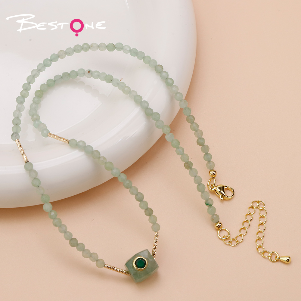 Faceted Natural Stone Hexagon Necklace with Rhinestone Detail