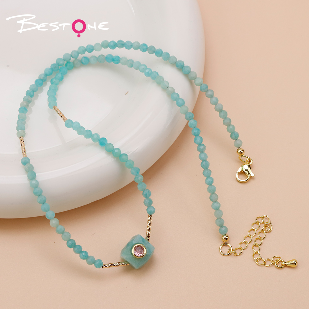 Faceted Natural Stone Hexagon Necklace with Rhinestone Detail