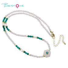 Clear Quartz and Green Agate Necklace with Pearl and Faceted Gemstone Beads