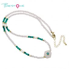 Clear Quartz and Green Agate Necklace with Pearl and Faceted Gemstone Beads