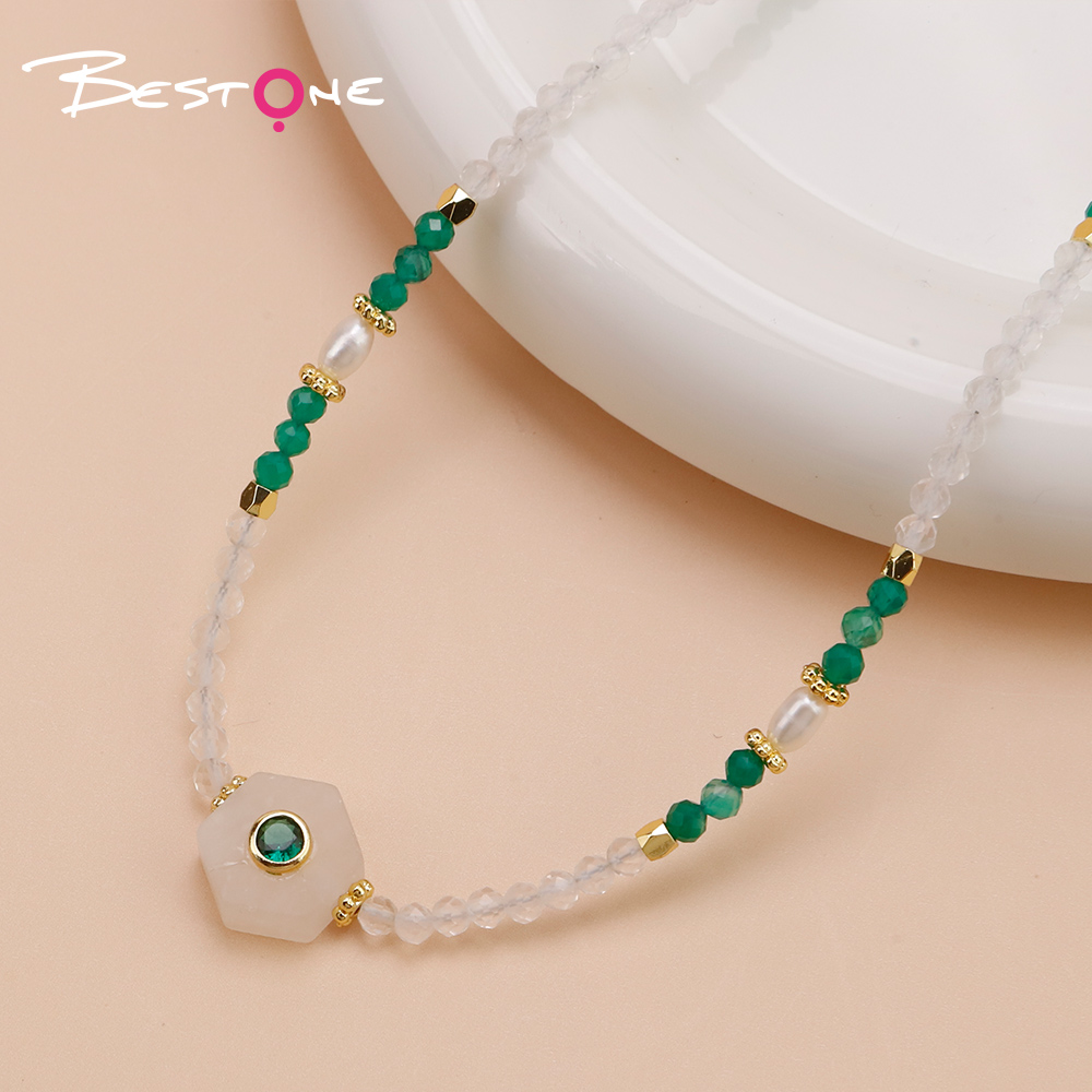 Clear Quartz and Green Agate Necklace with Pearl and Faceted Gemstone Beads