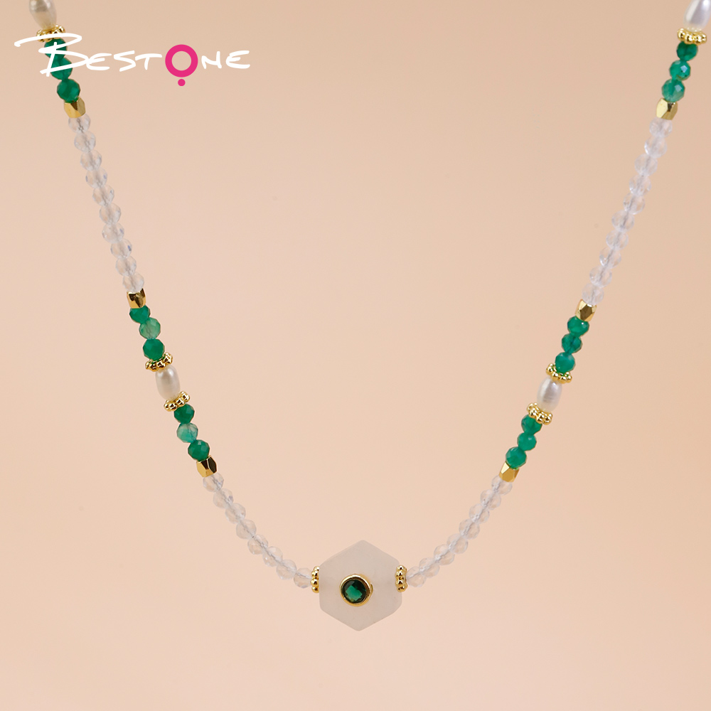 Clear Quartz and Green Agate Necklace with Pearl and Faceted Gemstone Beads