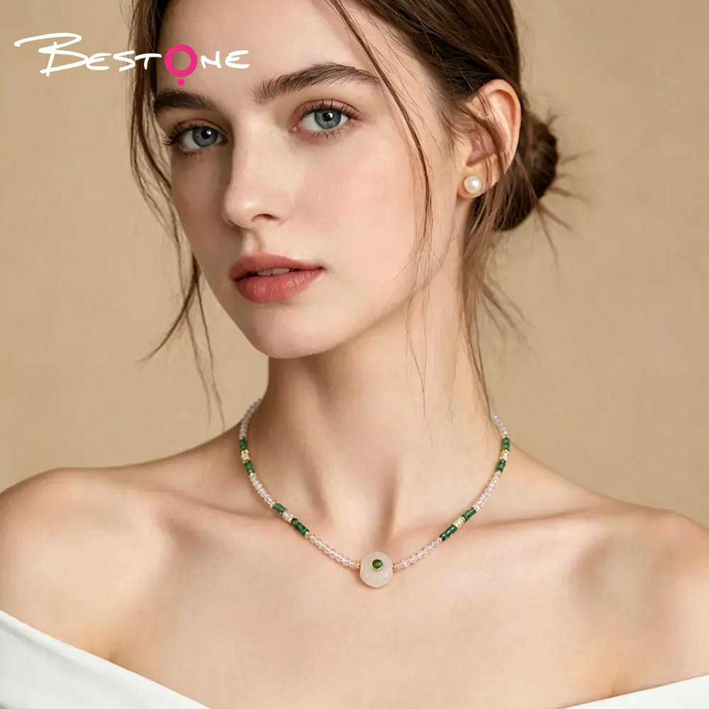 Clear Quartz and Green Agate Necklace with Pearl and Faceted Gemstone Beads