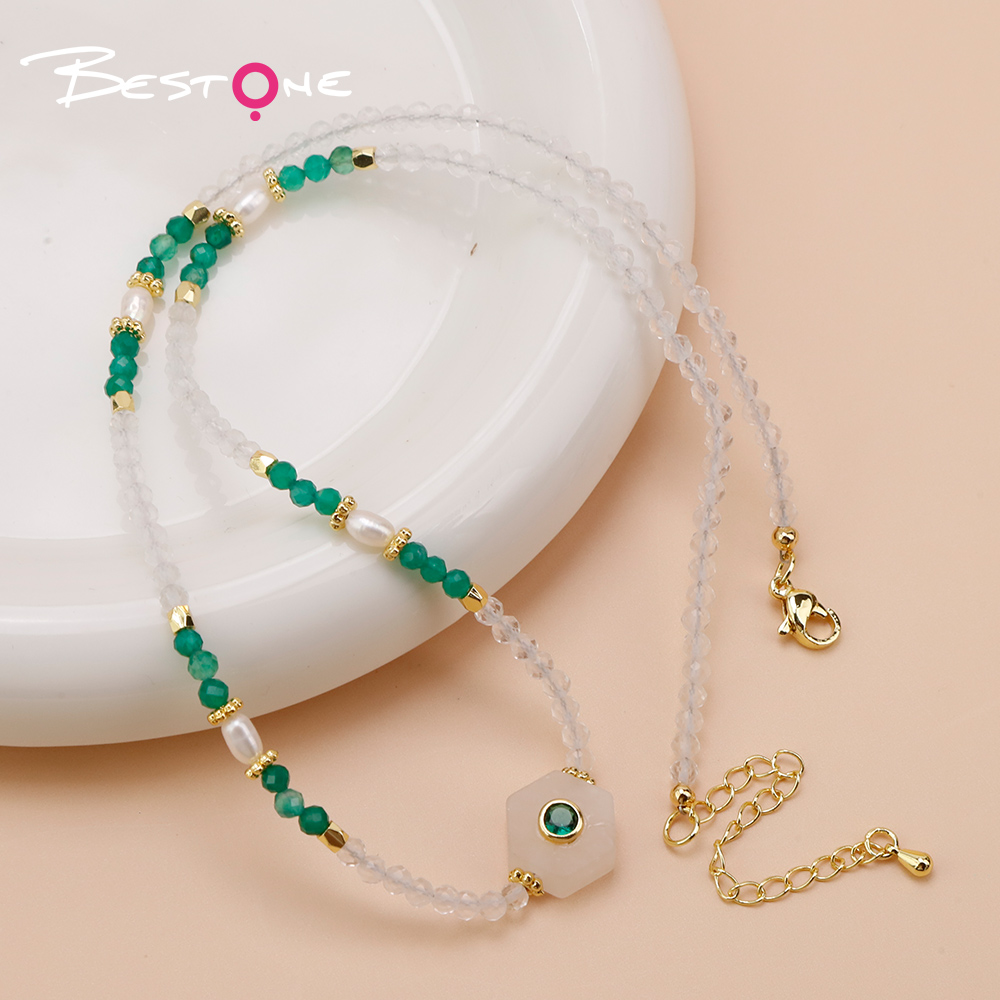 Clear Quartz and Green Agate Necklace with Pearl and Faceted Gemstone Beads