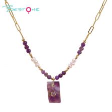 Faceted Natural Stone and Pearl Necklace with Stainless Steel Chain