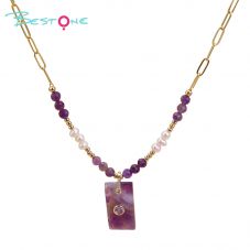 Faceted Natural Stone and Pearl Necklace with Stainless Steel Chain