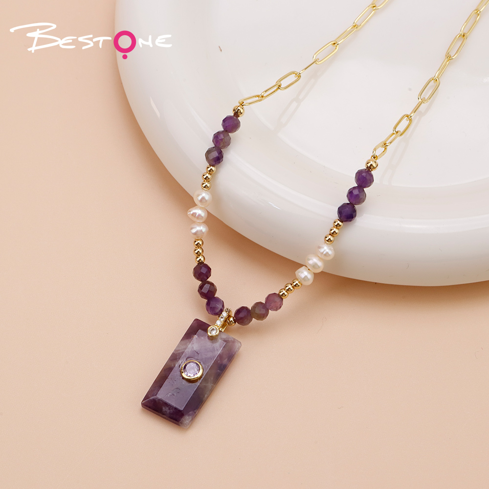 Faceted Natural Stone and Pearl Necklace with Stainless Steel Chain
