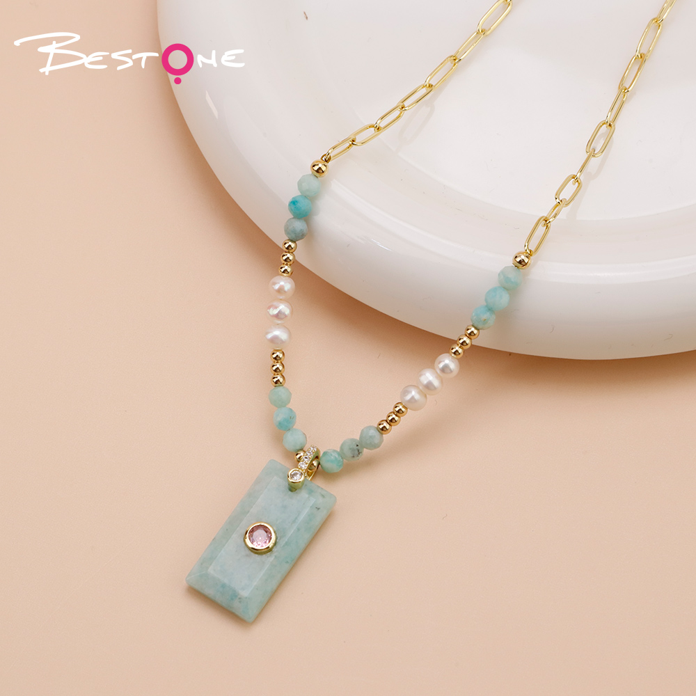 Faceted Natural Stone and Pearl Necklace with Stainless Steel Chain