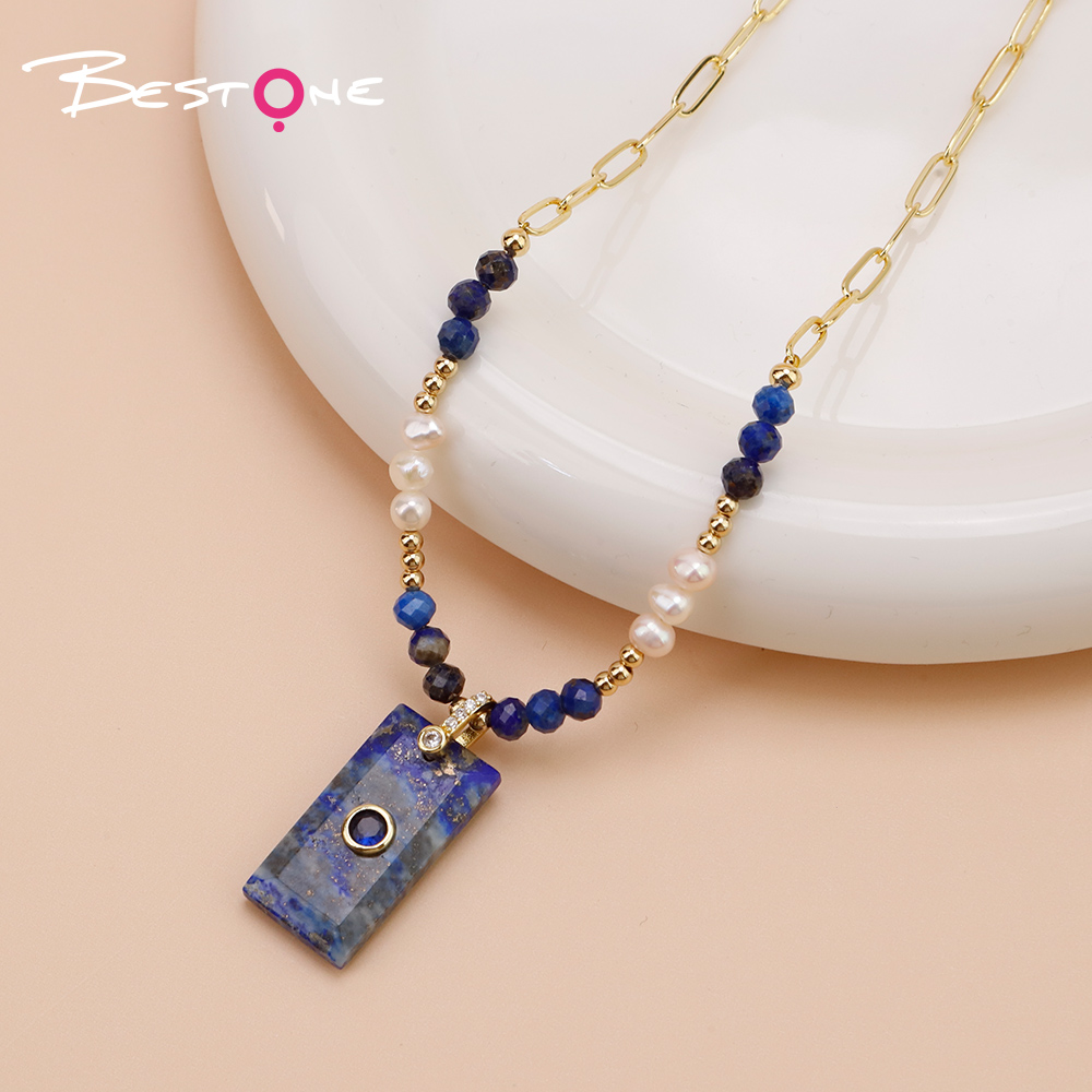 Faceted Natural Stone and Pearl Necklace with Stainless Steel Chain