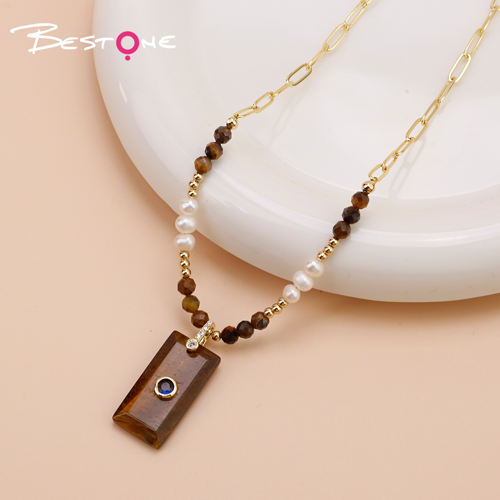 Faceted Natural Stone and Pearl Necklace with Stainless Steel Chain
