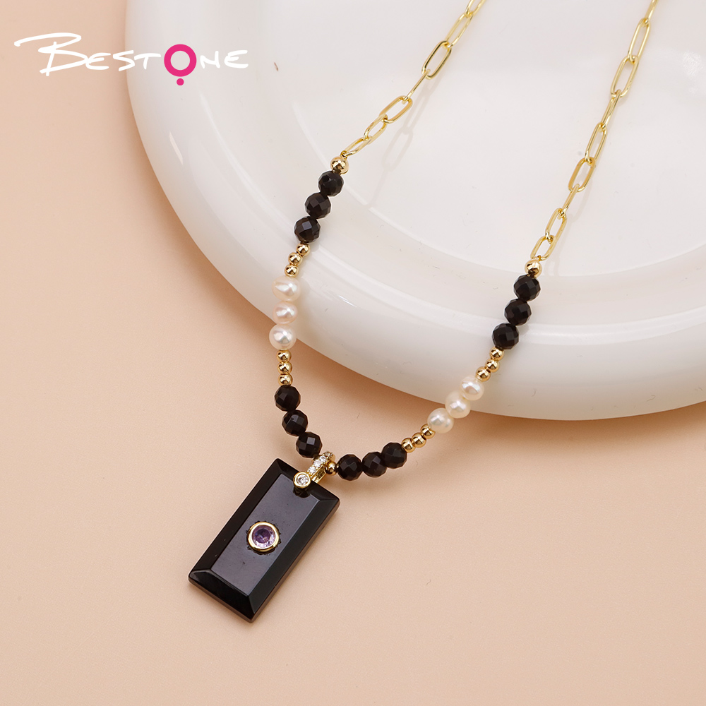Faceted Natural Stone and Pearl Necklace with Stainless Steel Chain