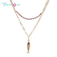 Amethyst Fish-Shaped Copper Necklace with Faceted Gemstone Beads