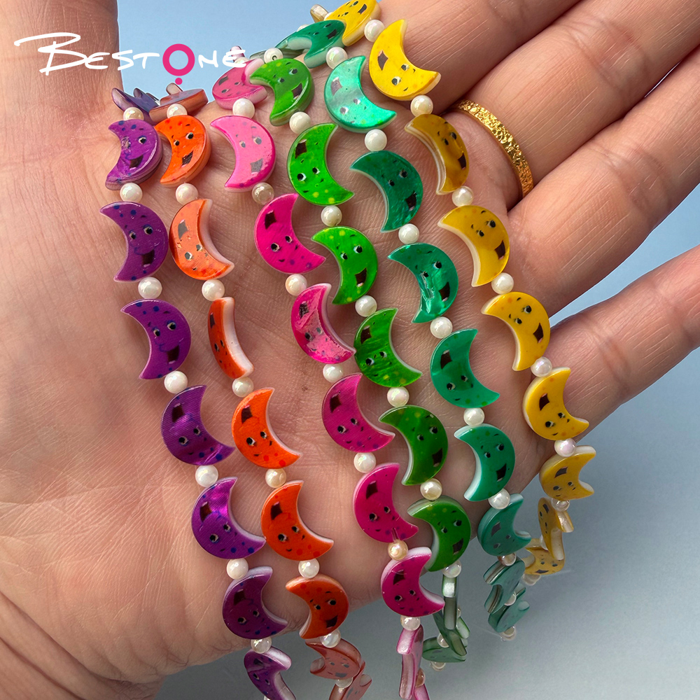 Printed Rectangle Shell Moon Bead Strand