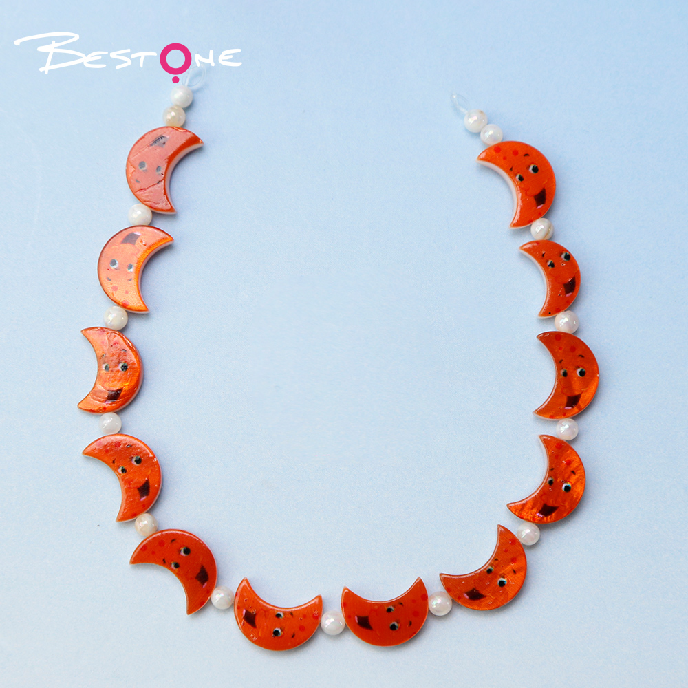 Printed Rectangle Shell Moon Bead Strand