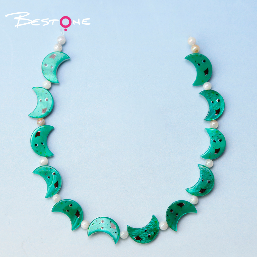 Printed Rectangle Shell Moon Bead Strand
