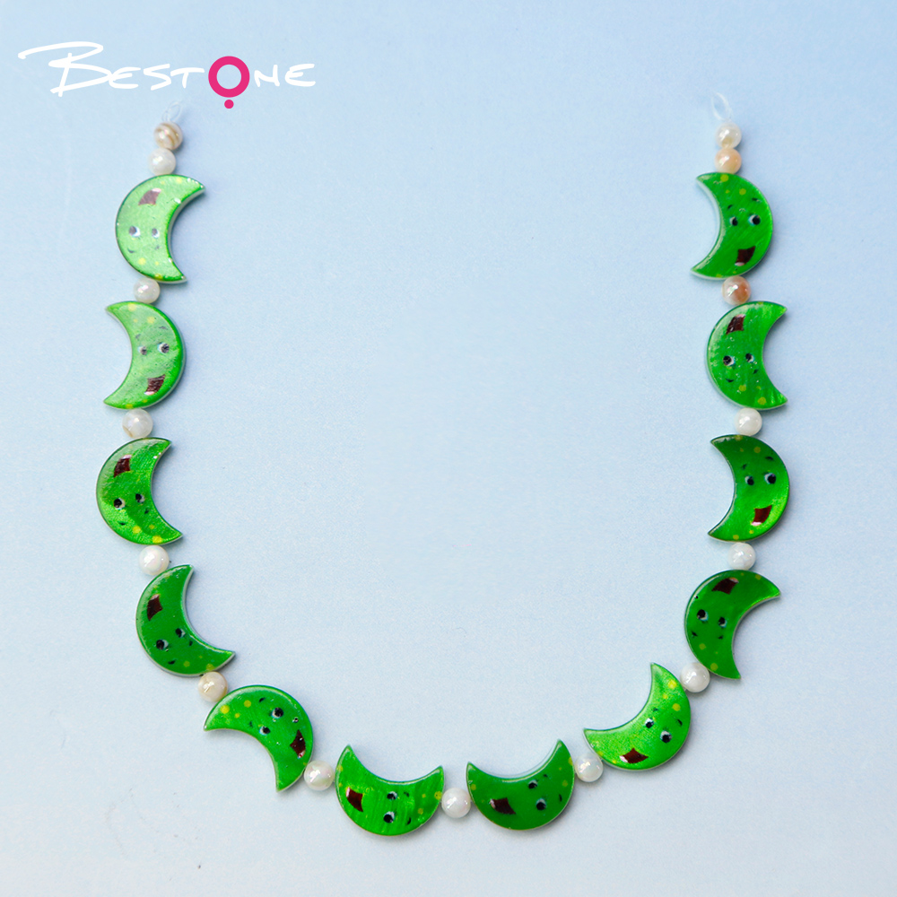 Printed Rectangle Shell Moon Bead Strand