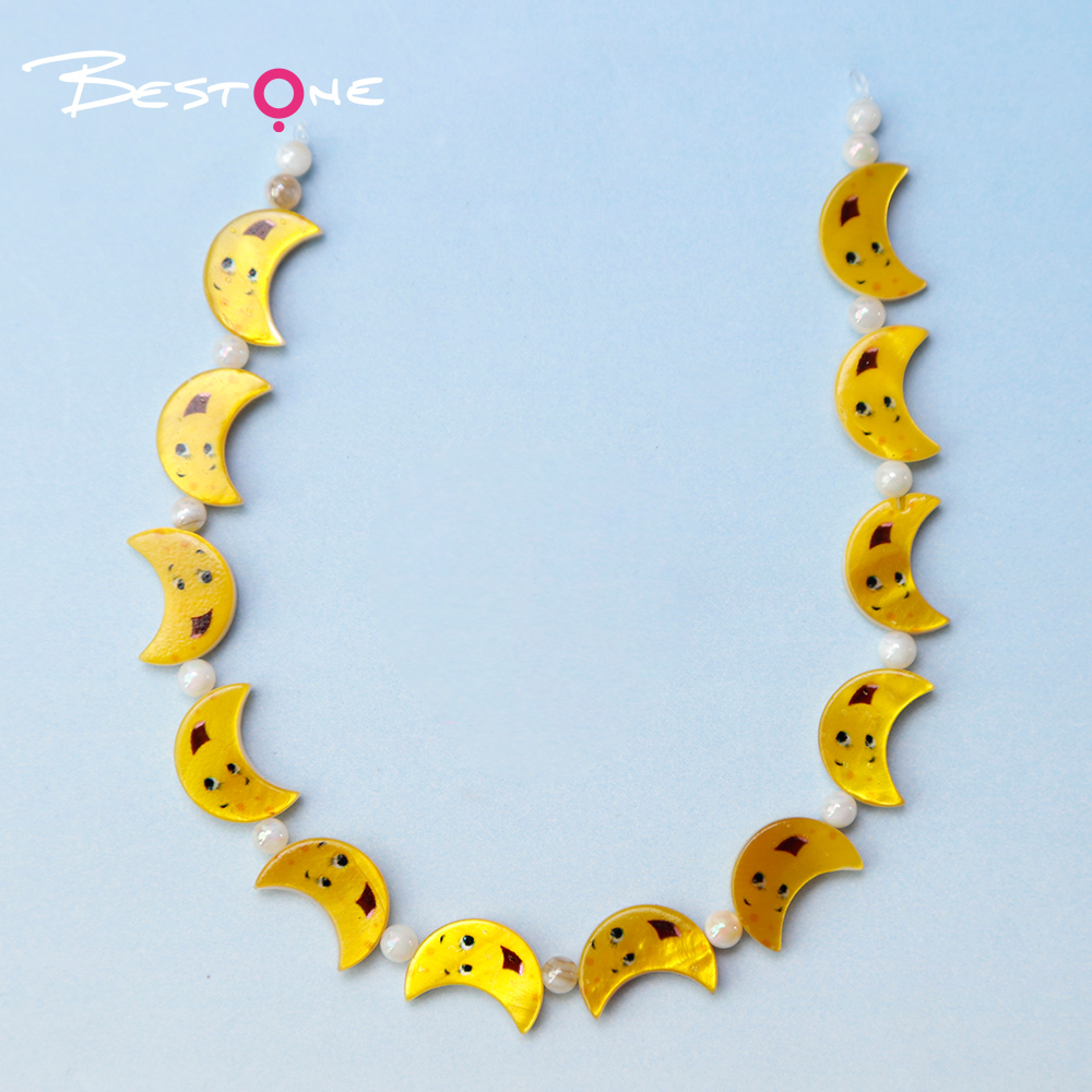 Printed Rectangle Shell Moon Bead Strand
