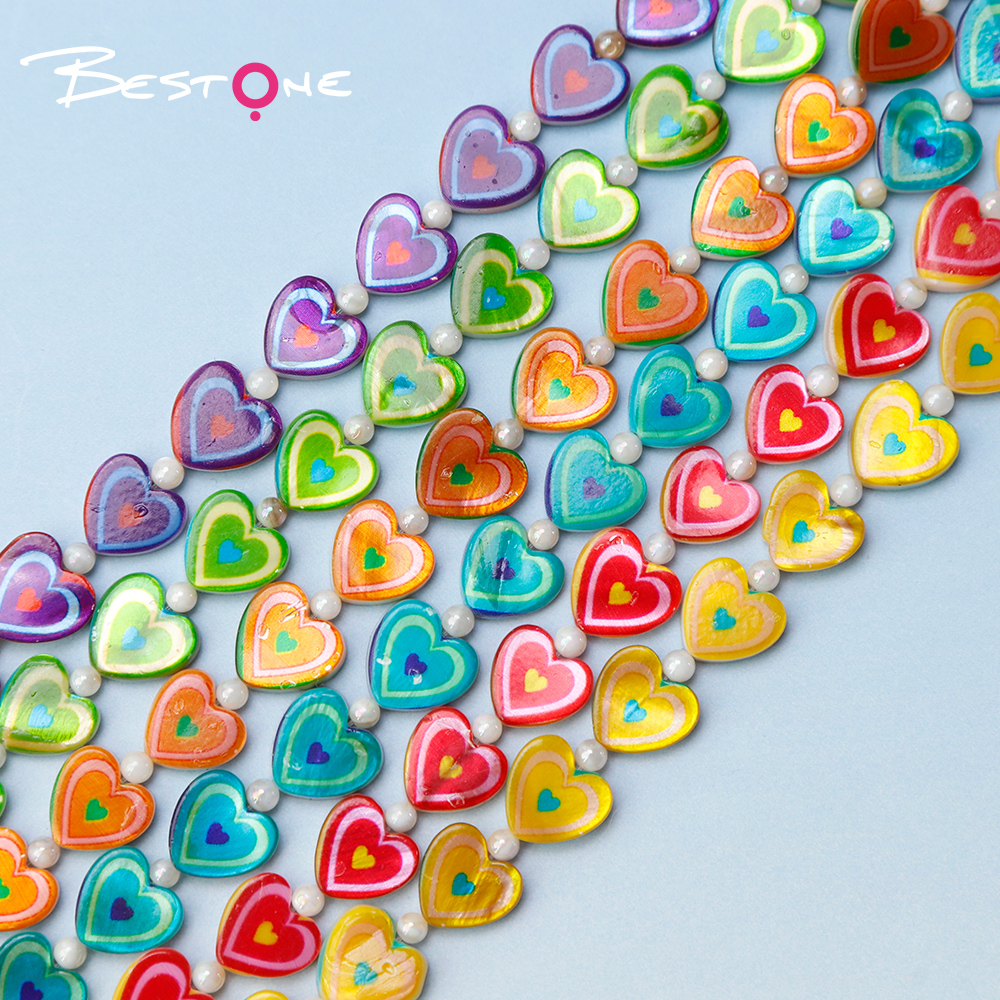Printed Rectangle Shell Heart Bead Strand