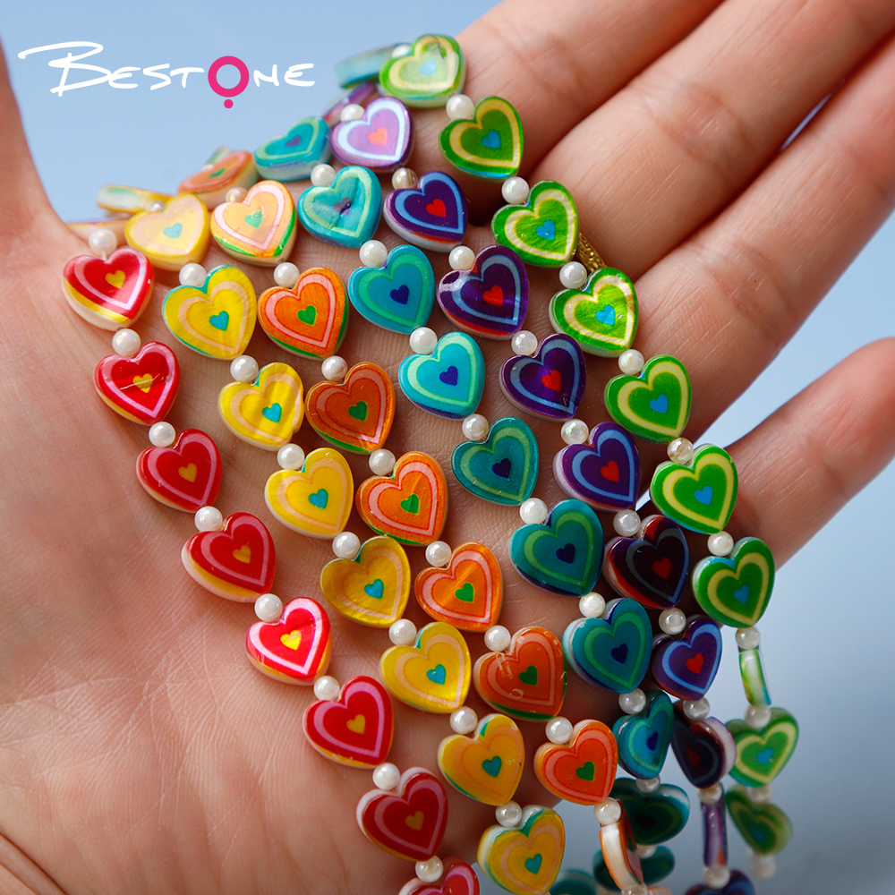 Printed Rectangle Shell Heart Bead Strand