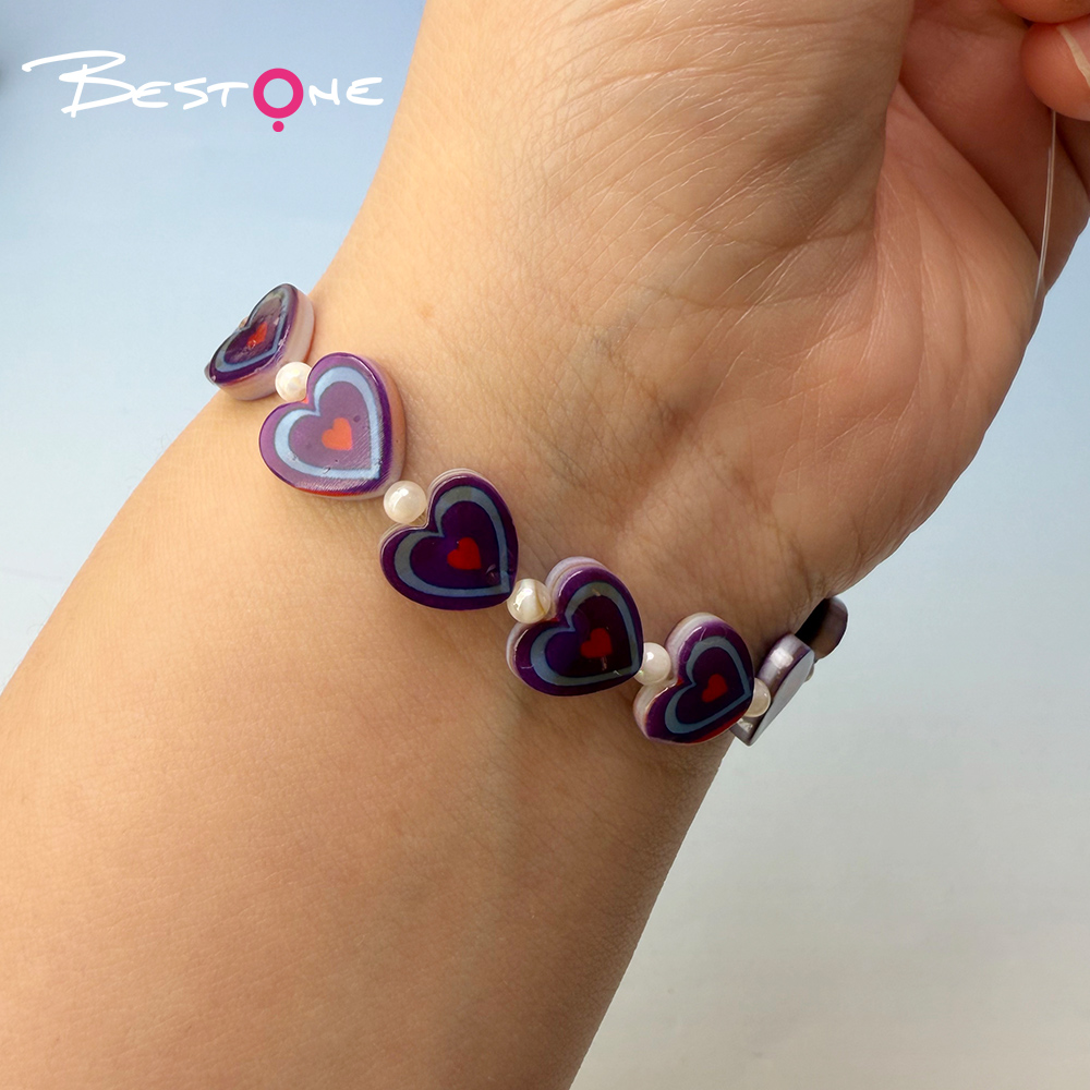 Printed Rectangle Shell Heart Bead Strand