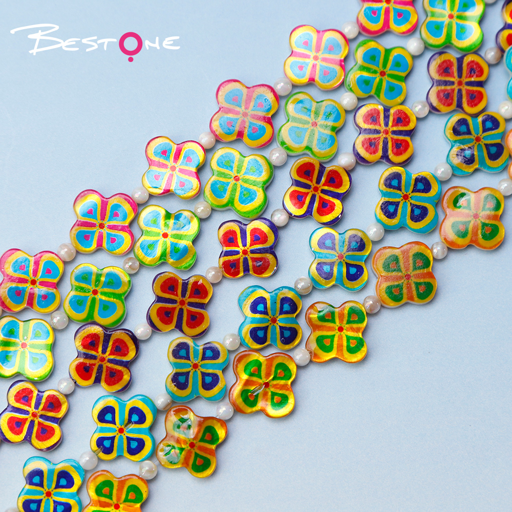 Printed Rectangle Shell Flower Bead Strand