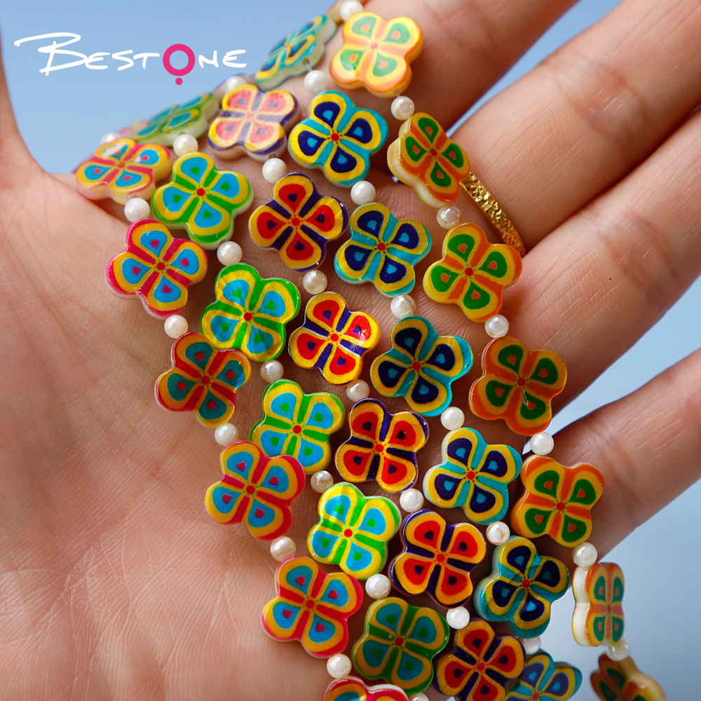 Printed Rectangle Shell Flower Bead Strand