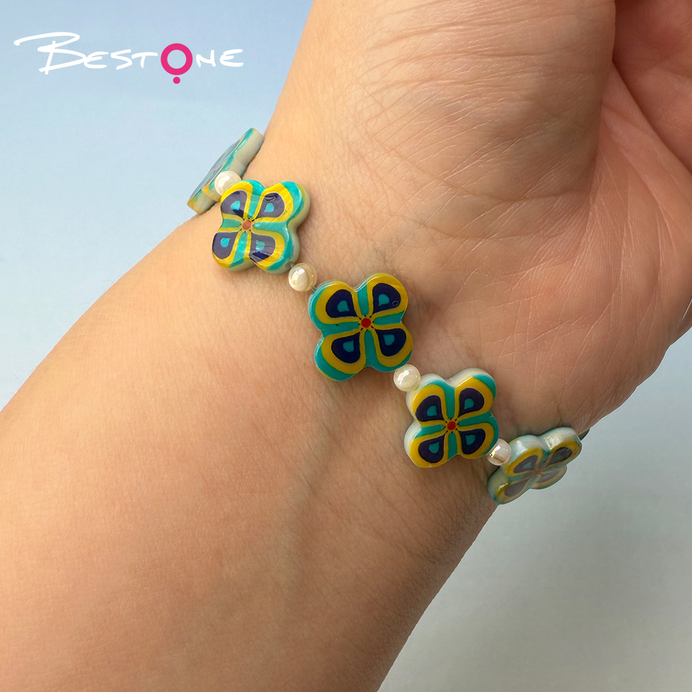 Printed Rectangle Shell Flower Bead Strand