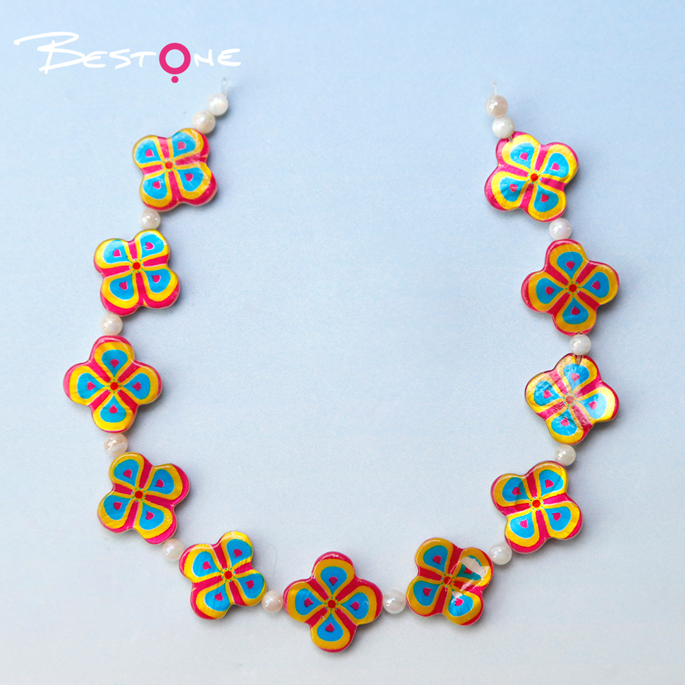 Printed Rectangle Shell Flower Bead Strand