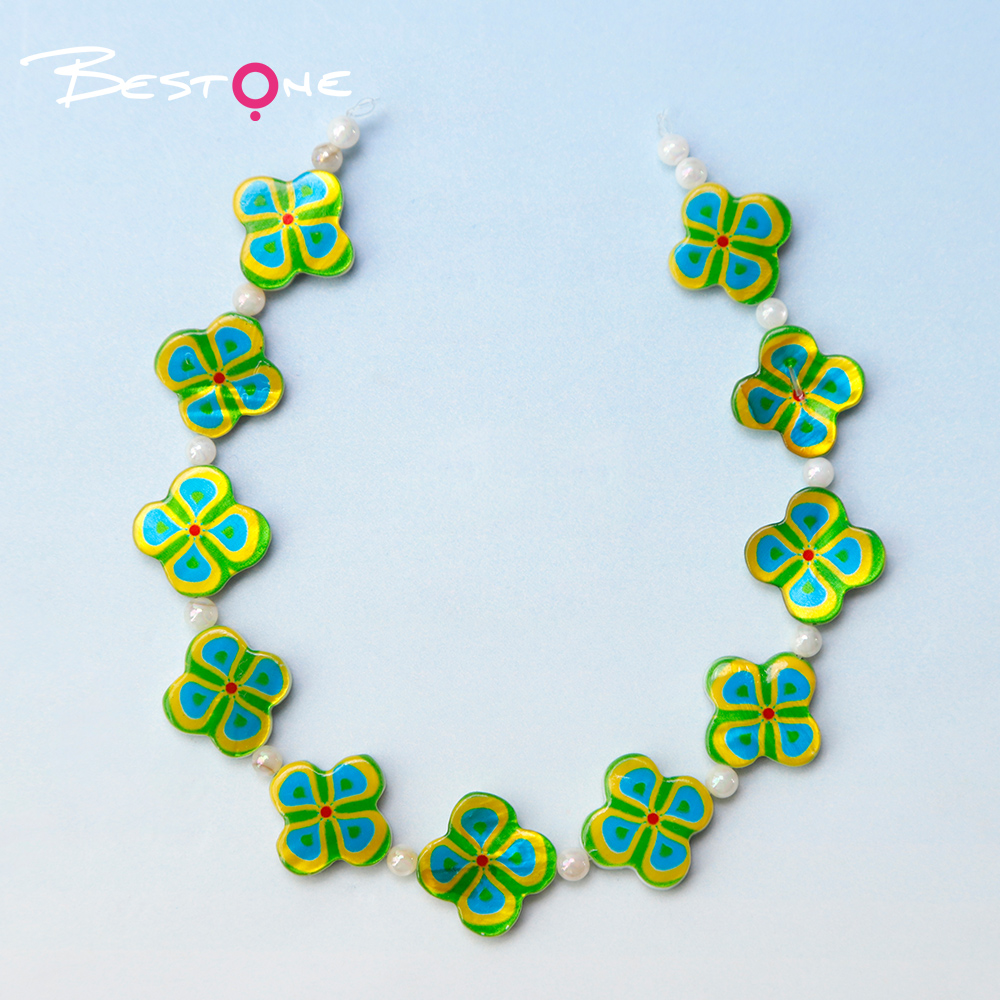 Printed Rectangle Shell Flower Bead Strand