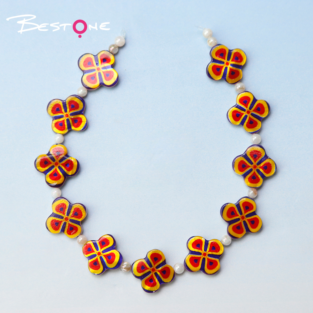Printed Rectangle Shell Flower Bead Strand
