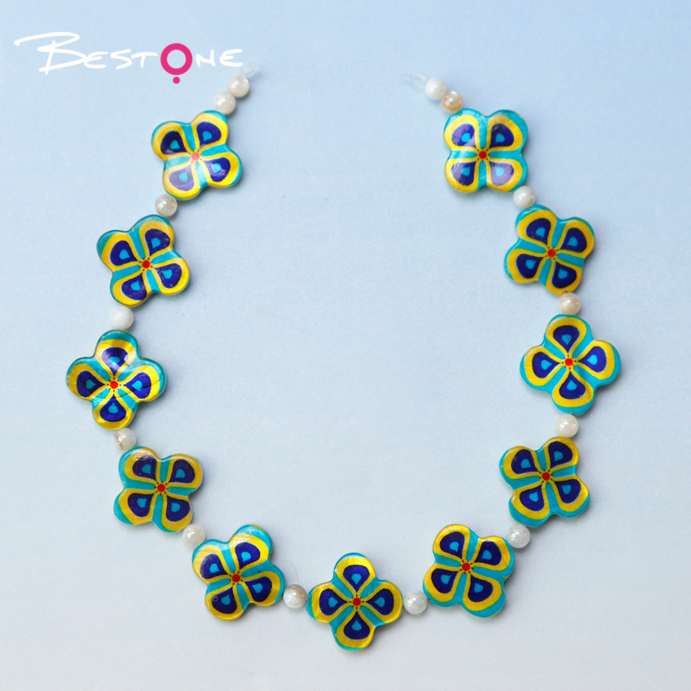Printed Rectangle Shell Flower Bead Strand