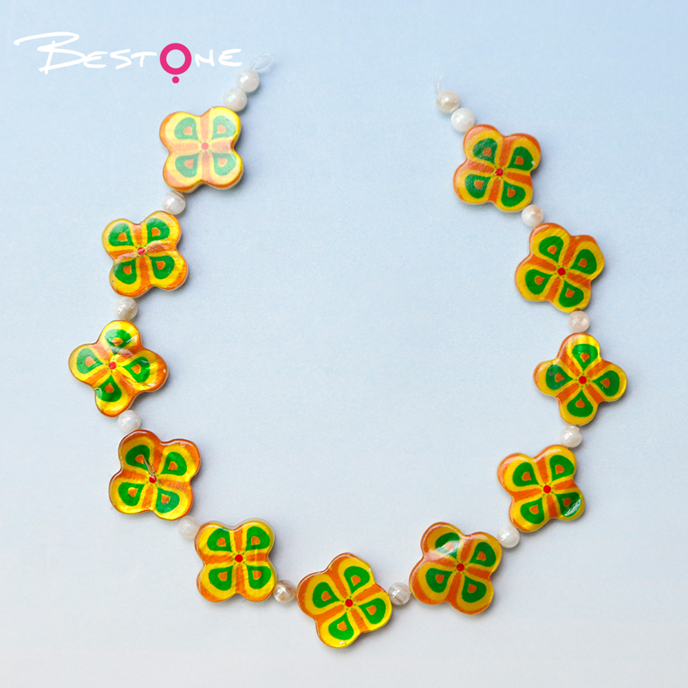 Printed Rectangle Shell Flower Bead Strand