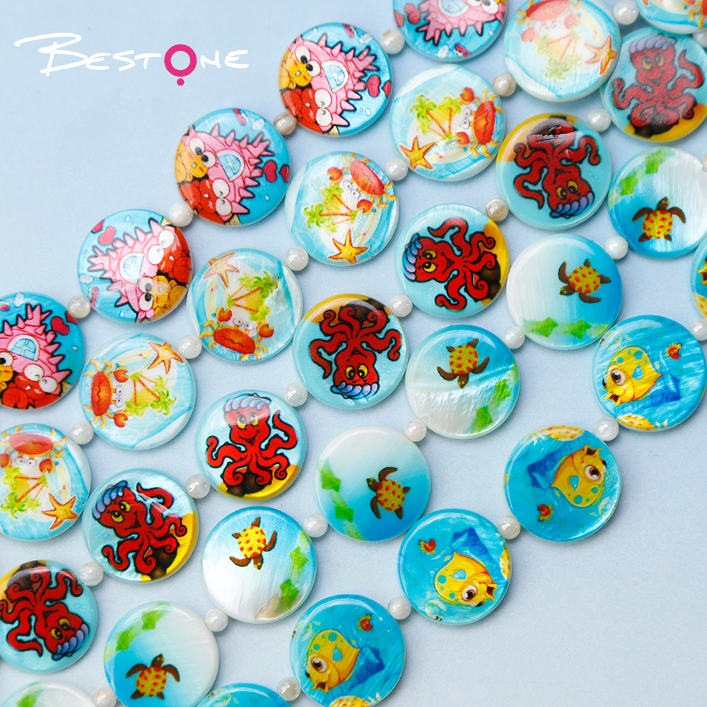 Printed Shell Disc Blue Ocean Theme Bead Strand