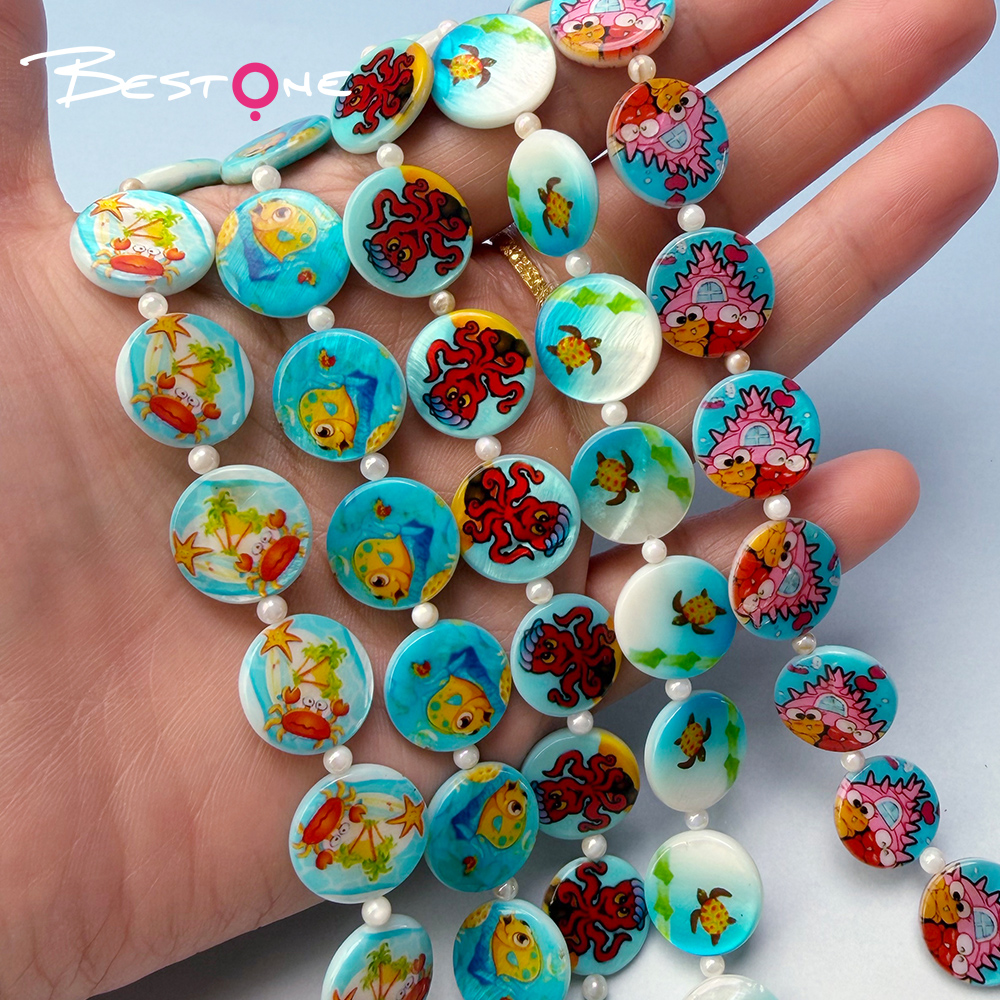 Printed Shell Disc Blue Ocean Theme Bead Strand