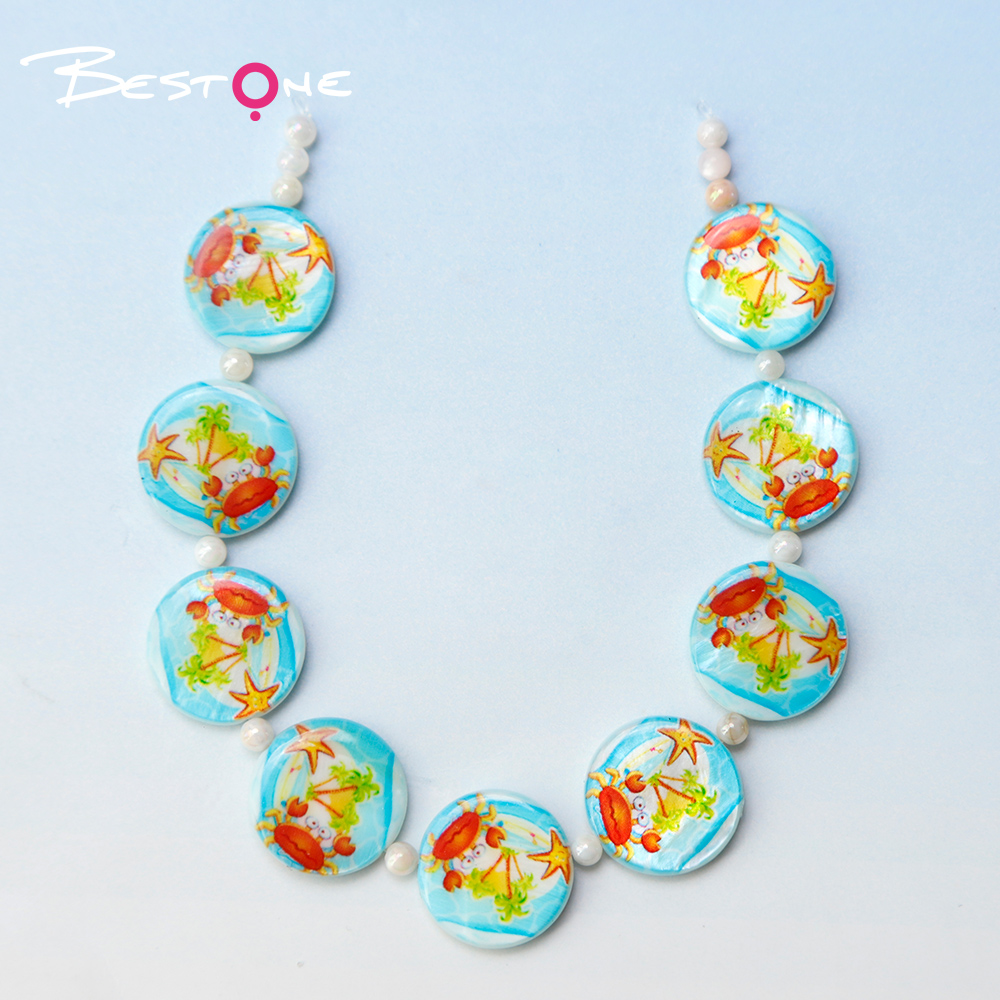 Printed Shell Disc Blue Ocean Theme Bead Strand