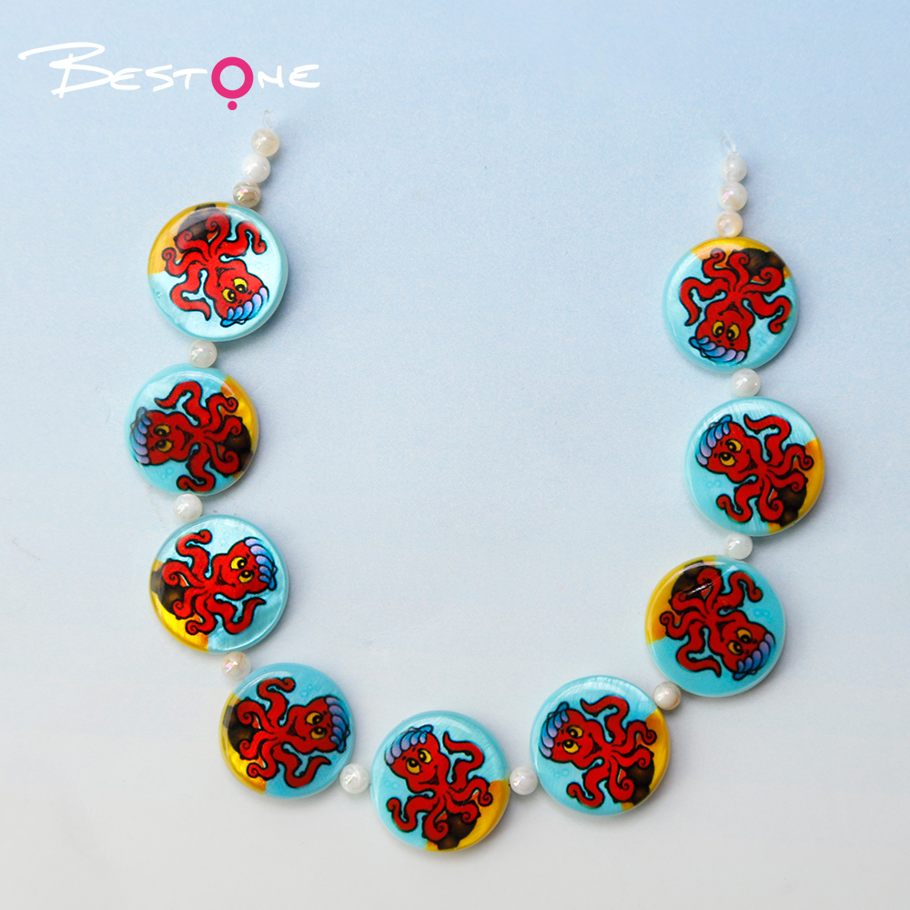 Printed Shell Disc Blue Ocean Theme Bead Strand