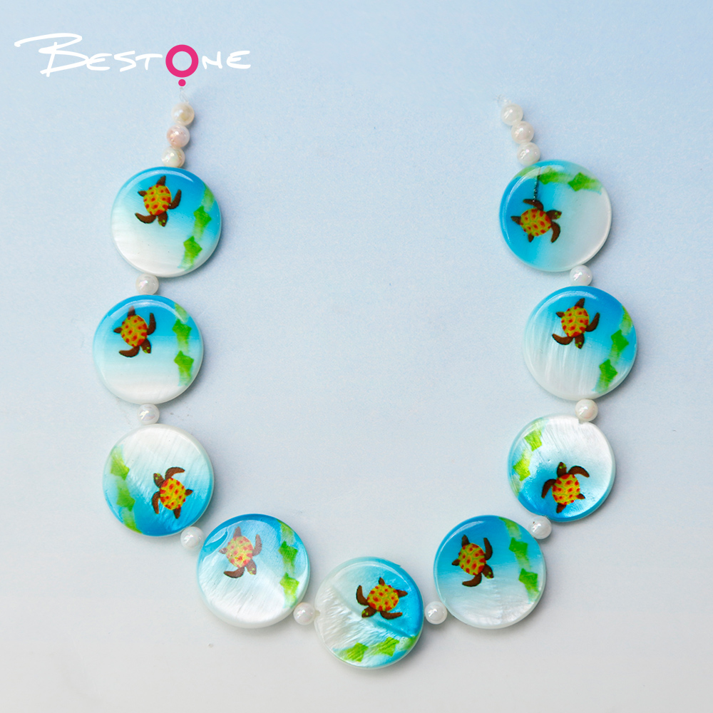 Printed Shell Disc Blue Ocean Theme Bead Strand