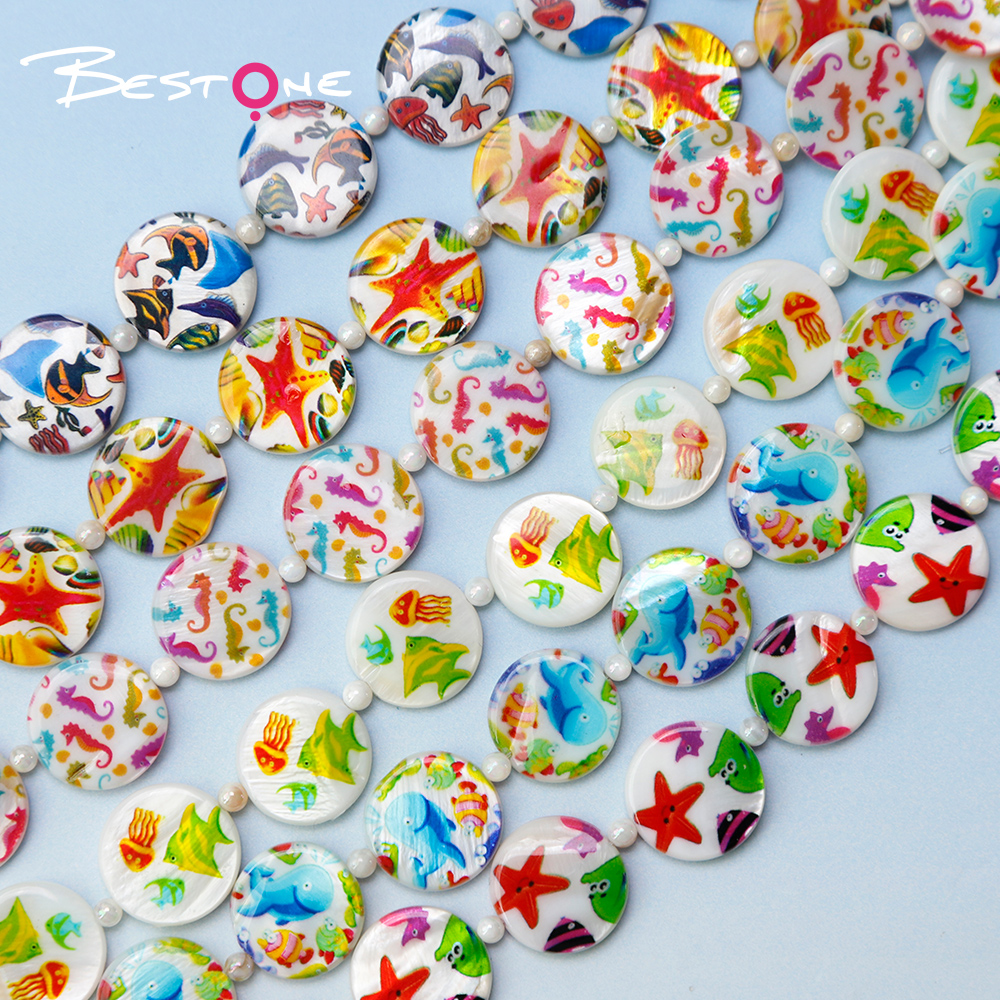Printed Shell Disc White Base Marine Theme Bead Strand