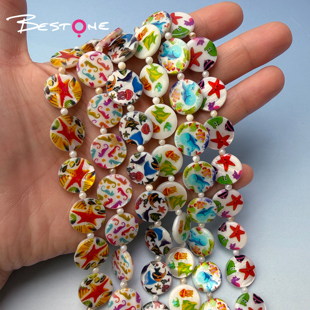 Printed Shell Disc White Base Marine Theme Bead Strand