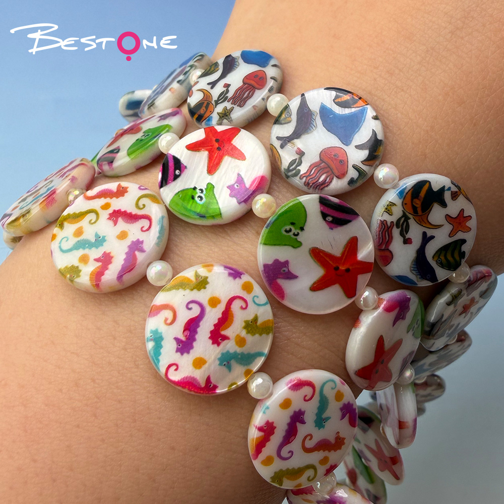 Printed Shell Disc White Base Marine Theme Bead Strand