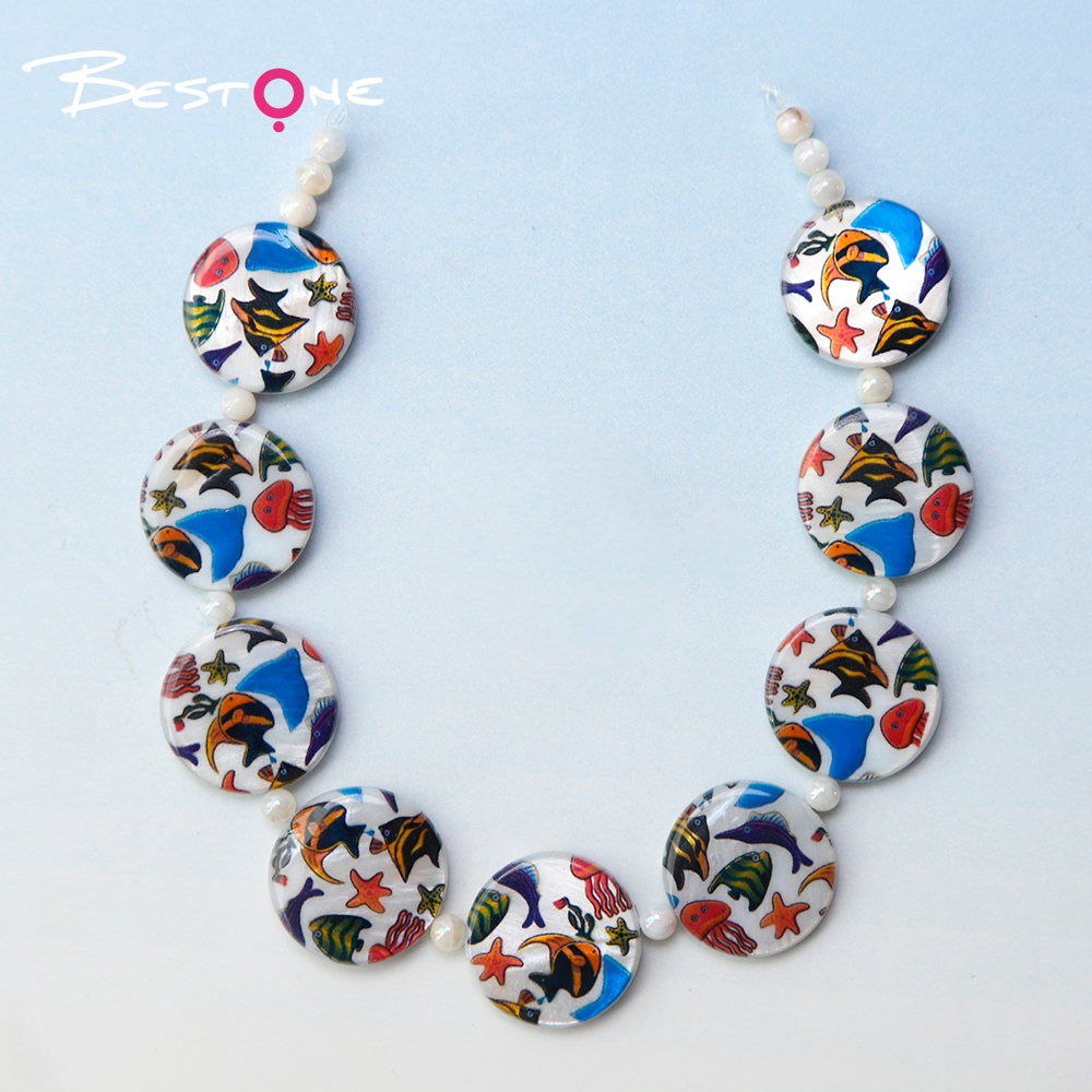 Printed Shell Disc White Base Marine Theme Bead Strand