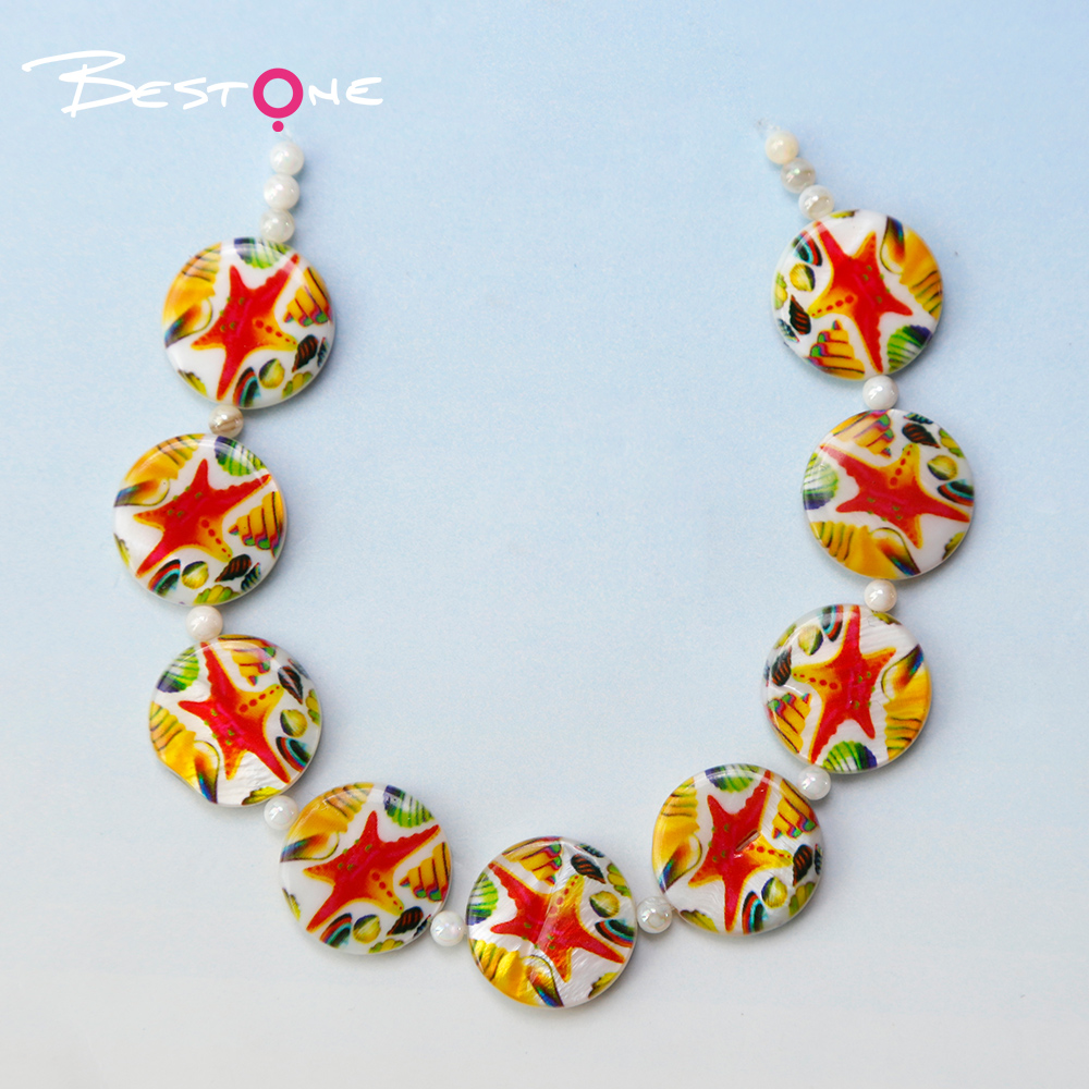 Printed Shell Disc White Base Marine Theme Bead Strand