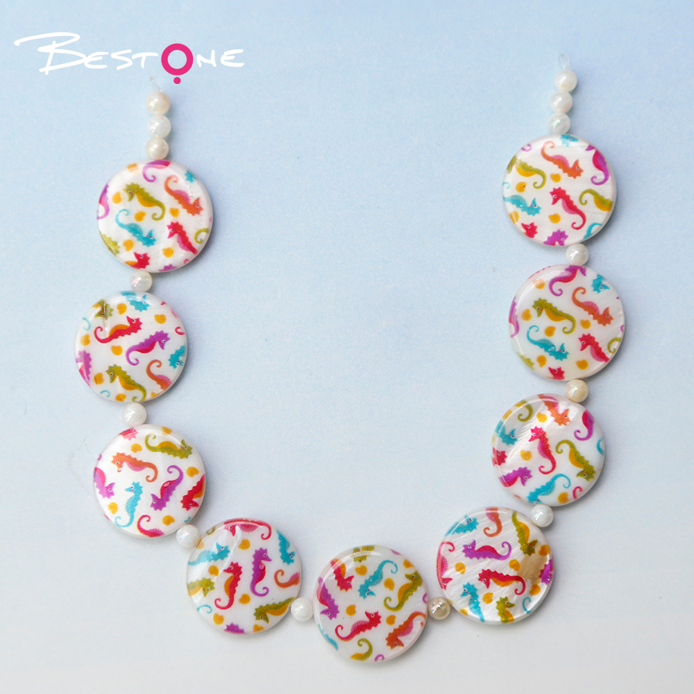 Printed Shell Disc White Base Marine Theme Bead Strand