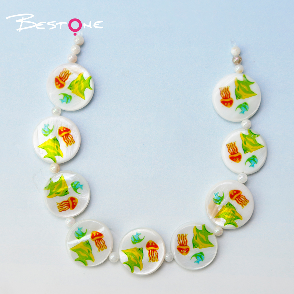 Printed Shell Disc White Base Marine Theme Bead Strand
