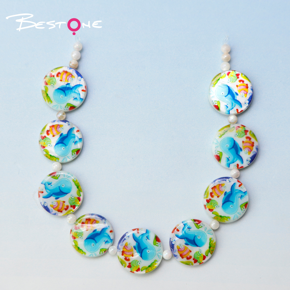 Printed Shell Disc White Base Marine Theme Bead Strand