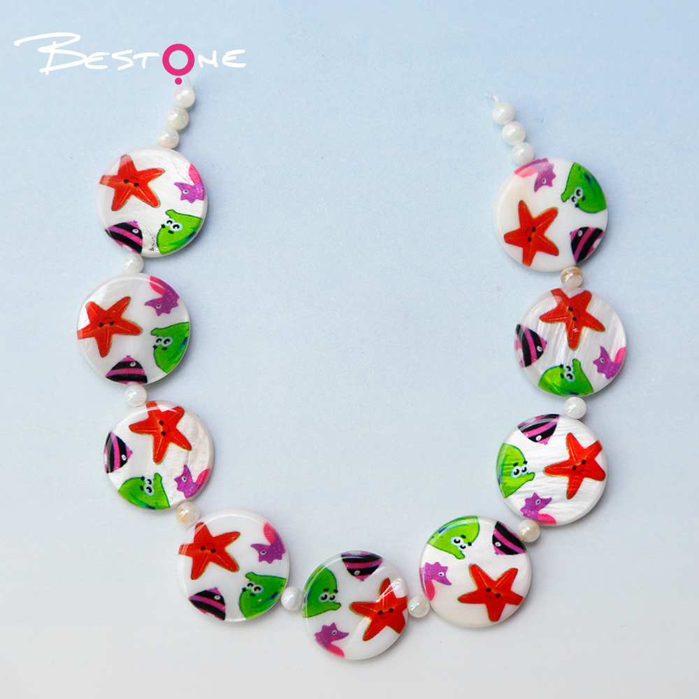 Printed Shell Disc White Base Marine Theme Bead Strand